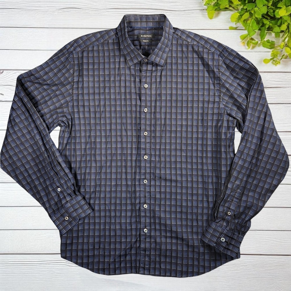 Bugatchi Uomo Mens XL Shirt Button Up Blue Check Long Sleeve Classic Fit